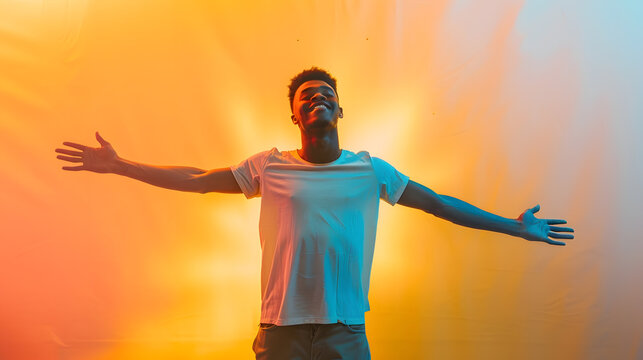 happy person young man with arms outstretched having a positive mindset : Generative AI