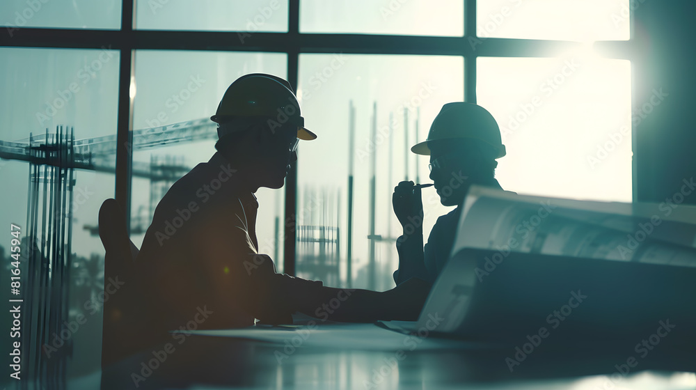 Poster silhouette engineer and architect are planning or consulting the construction of new projects bluepr