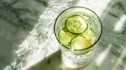 Clear glass of cucumber lemon water from above, refreshing and dewy, perfect for a detox morning ad, isolated with studio lighting