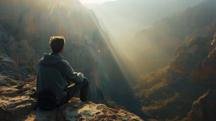 A man sitting from the back overlooks a stunning valley with sunlight breaking through the mist - Powered by Adobe