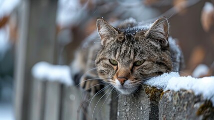 A weary and bored cat looks out from a concrete fence during winter