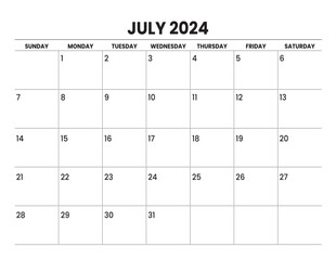 2024 JULY Calendar sunday start, simple design