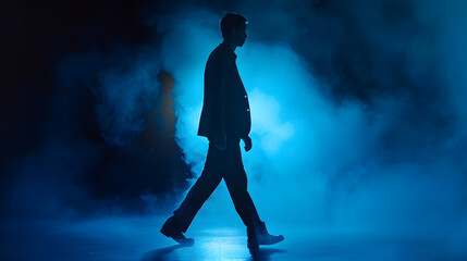 The male walking in the blue smoke on the dark background evening night time : Generative AI