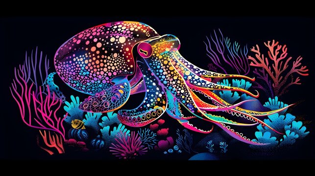 colorful octopus swimming in coral reef clip art preview