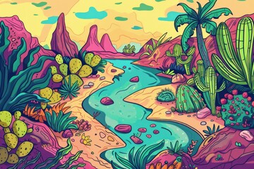 Cartoon cute doodles of a vibrant desert oasis bustling with life while a somber jungle stands still, embodying the contrasting energies of two, Generative AI 