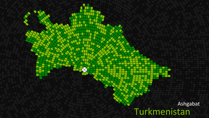 A map of Turkmenistan is presented as a mosaic with a dark background, and the country's borders are outlined in the shape of a colorful mosaic, centered around the capital city.