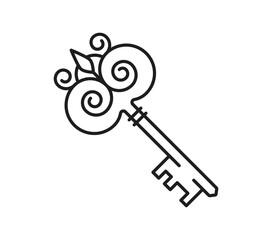 Medieval key, heraldry line icon symbolizes authority and access. Isolated monochrome outline vector sign of intricately designed vintage skeleton key represent status and security in the middle ages