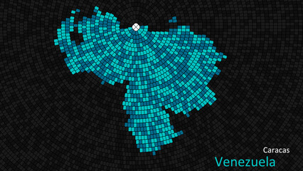 Fototapeta premium A map of Venezuela is presented as a mosaic with a dark background, and the country's borders are outlined in the shape of a colorful mosaic, centered around the capital city.
