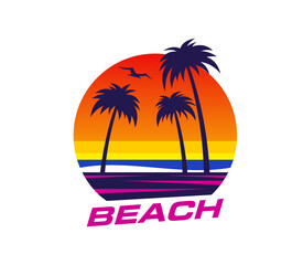 Obraz premium Summer tropical sunrise at island beach vector icon with palm trees, ocean waves, red sky and rising sky. Summer tropical vacation or travel symbol, island resort beach with palms and bird silhouettes