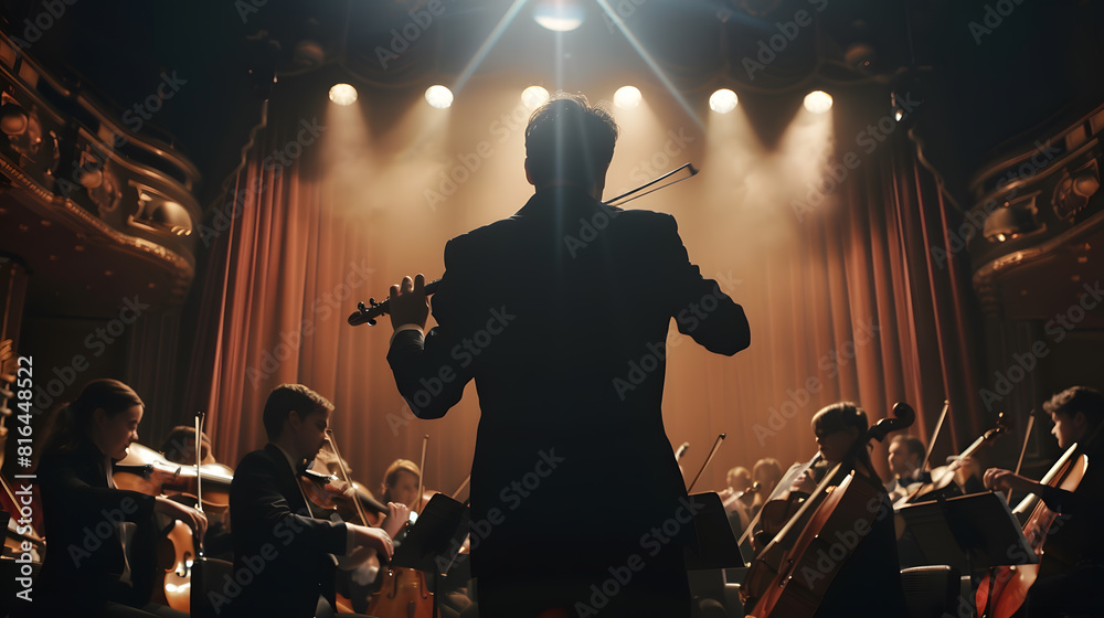 Poster back view cinematic shot of conductor directing symphony orchestra with performers playing violins c