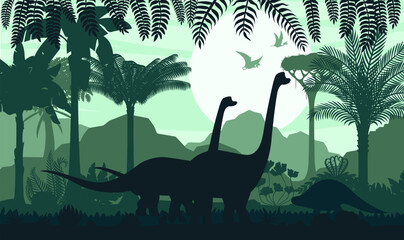 Prehistoric dinosaur silhouettes in tropical forest. Vector scene featuring brachiosaurus dino characters walking amongst lush Jurassic vegetation with pterosaurs flying in sky against the rising sun © Vector Tradition