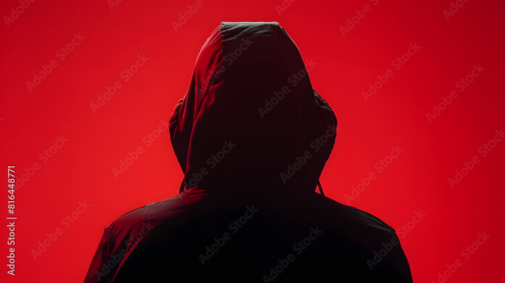 Poster Silhouette af man without face in hood on a red background Anonymous crime concept : Generative AI