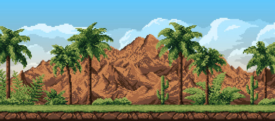 8 bit pixel forest landscape with mountains, palm trees and cactus, vector background for game level. 8bit pixel art landscape of Amazon forest with ferns and palms of Africa mountains or Madagascar