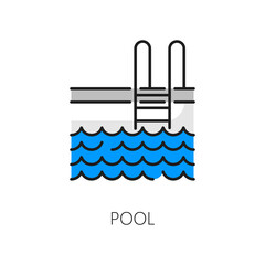 Obraz premium Pool icon for real estate or house rent amenity and apartments facility, vector color line. Real estate mortgage, insurance and sale outline icon of swimming pool for residential property construction