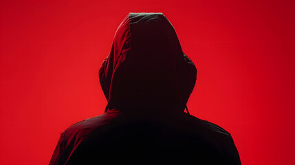 Silhouette af man without face in hood on a red background Anonymous crime concept : Generative AI