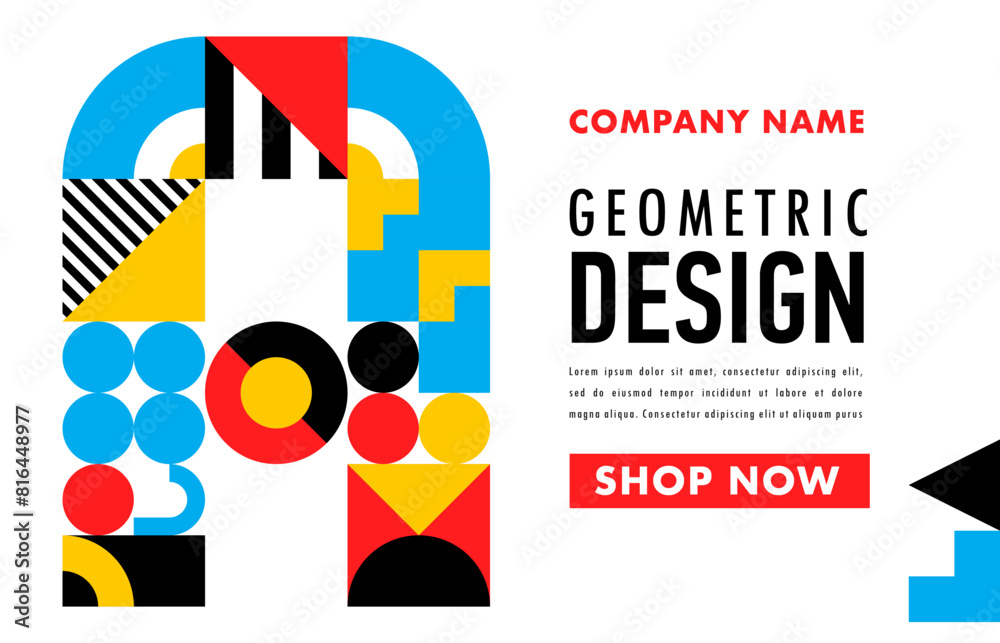 Poster Abstract geometric modern business poster. Creative landing page with graphic pattern. Vector web banner template in bright blue, white, red, yellow, black colors. Website layout with shop now button