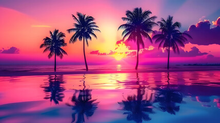 Beautiful tropical beach with palm trees silhouette at sunset, vibrant colors, colorful sky - Powered by Adobe