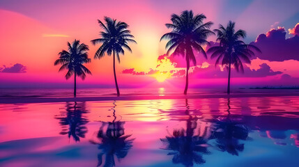 Beautiful tropical beach with palm trees silhouette at sunset, vibrant colors, colorful sky