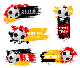 2024 euro soccer cup grunge banners with 3d football balls and halftone effect. Vector sports banners with paint splashes in red, yellow and black for championship, fan club, team spirit, competition