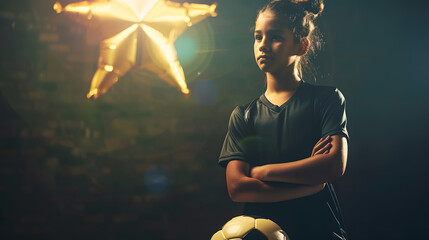 Portrait of young female soccer player with soccer ball standing with a shining star in the back : Generative AI - Powered by Adobe