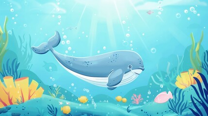 Hand-drawn cute cartoon marine animals in a lively ocean background with open space for text