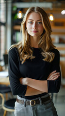 Fototapeta premium Young Woman Posing for Photo in Restaurant