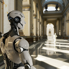 Futuristic Android Exploring Classical Art Museum with Marble Statues