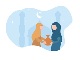Ramadan celebration, Muslim people celebrate Eid al-Fitr, Ramadan Eid Mubarak. flat vector illustration.