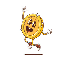 Cartoon retro groovy retro golden coin character with funky face smile, vector comic. Groovy funny casino jackpot golden coin with dollars in eyes and happy smiling face as cartoon groovy character