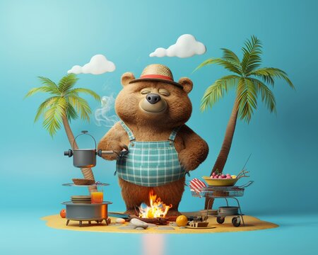 Bear hosting a beach barbecue flat design front view summer cookout theme 3D render vivid