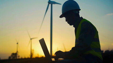 Silhouette of engineer working on laptop at wind farm : Generative AI