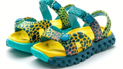 Close-up of toddler sandals in fun animal prints, foam build for softness, styled for both boys and girls, isolated for advertising clarity