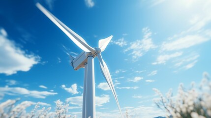 A white wind turbine against the blue sky with clouds, rendered in the style of Octane Render. Generative ai