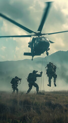 Soldiers Rappelling From Helicopter During Military Exercise