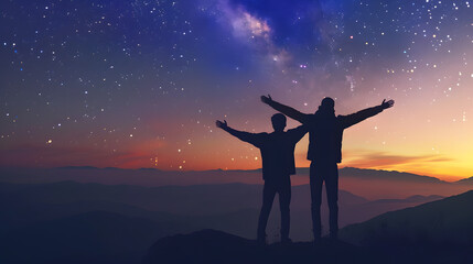 Silhouette of two young man standing open arms and watched the star milky way and night sky on top of the mountain They enjoyed traveling and was successful when he reached the summit : Generative AI