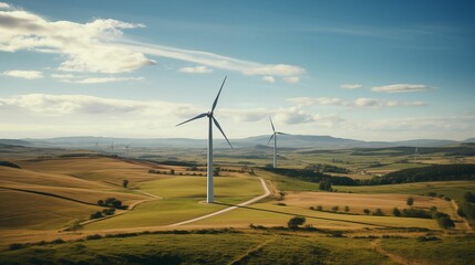 Obraz premium Aerial view of a wind turbine in a field. Green energy and renewable electricity production concept. Generative ai