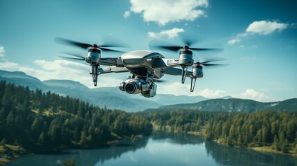 Fototapeta premium Front Shot of Drone Flying Above Lake and Trees. Generative ai
