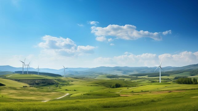 Aerial view of a wind turbine in a field. Green energy and renewable electricity production concept. Generative ai