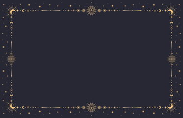 Fantasy mystic celestial frame. Vector background with golden border contains mystical esoteric sun, crescent moon and star symbols in boho style. Mystic, astrology, witchcraft space spiritual frame