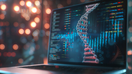 Laptop Displaying DNA Sequence and DNA Strand Model