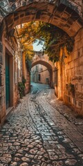 Fototapeta premium Ancient Stone Alleyway in Malta. Cobblestone Path Curving through Archway