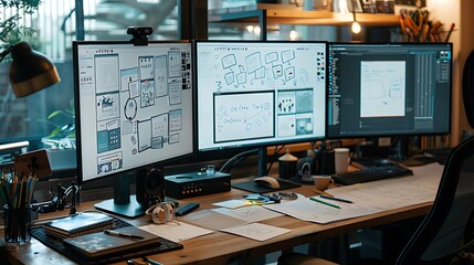A workspace featuring multiple monitors displaying different stages of a UX design process alongside sketches