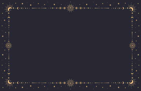 Fantasy mystic celestial frame. Vector background with golden border contains mystical esoteric sun, crescent moon and star symbols in boho style. Mystic, astrology, witchcraft space spiritual frame