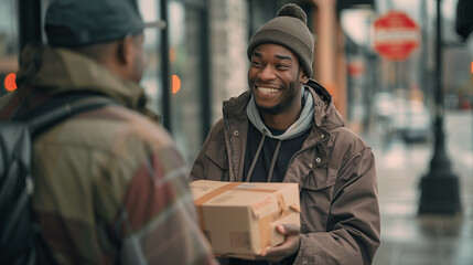Fototapeta premium Man Giving Box to Another Man on Street