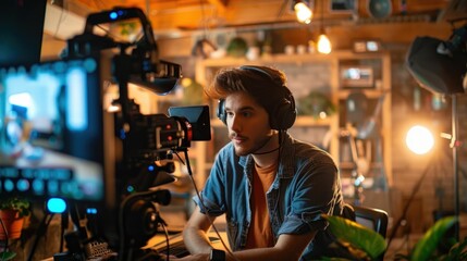 Promotional Video Shoot of Latest Tech Gadget in Well Lit Studio description This image depicts a content creator filming a promotional video for a