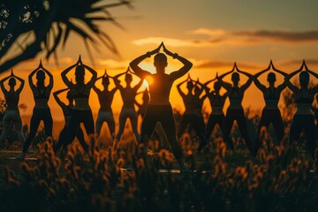 Fitness trainer leading an outdoor yoga class at sunrise, captured with a lowangle shot to emphasize the silhouettes and rising sun