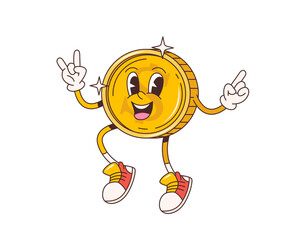Cartoon retro groovy golden coin character. Isolated vector funky financial personage. Gold cheerful coin gleaming with a wide smile and twinkling eyes, embodying wealth, cash, luck, payment or profit