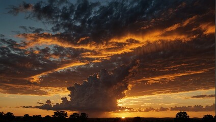 A dramatic sunset sky with dark and light orange clouds. Silhouetted trees are at the bottom.