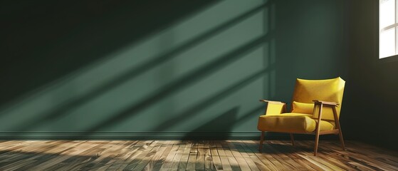 Obraz premium A Modern Living Room, Once an Empty Space, Transformed into a Stylish Retreat with a Yellow Armchair against a Dark Green Wall