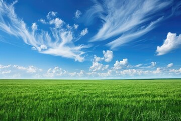 Obraz premium Blue Sky Field. Green Field and Sky in Summer Landscape